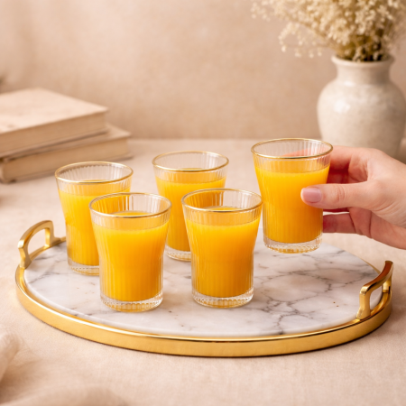 طقم كاسات زجاجية مخططة بحافة ذهبية – 12 قطعة